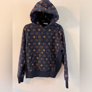 Champion Reverse Weave Hoodie Mens Size Medium Blue With Orange  All Over Print